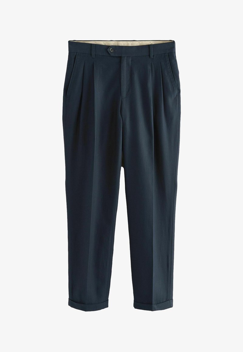 Pantalon bleu marine pour homme, confectionné sur mesure, avec plis, poches latérales, fermeture par boutons et ourlets revers.