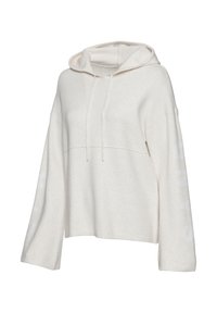 Cremfarbener Hoodie, weicher Stoff, lockere Passform, mit langen Ärmeln, einer Kapuze mit Kordelzug und einem Textelement auf dem linken Ärmel.