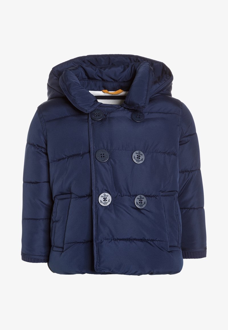 Veste matelassée bleu marine pour tout-petit avec capuche, devant croisé, boutons gravés d'ancres et poches latérales.