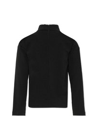 Maglietta nera a maniche lunghe con colletto alto e zip sul retro. Realizzata in un tessuto liscio, presenta una silhouette aderente e un design minimalista.