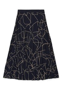 Jupe plissée bleu marine avec des motifs géométriques abstraits en beige. Tissu doux, design évasé et taille élastique pour un confort optimal.