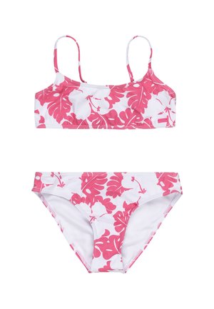 Two-piece bikini set featuring a white base with pink tropical leaf patterns. Designed with thin straps and a classic bikini shape.