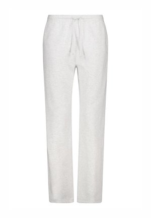 Pantalones de chándal gris claro, hechos de tela suave, con una cinturilla elástica y cordón, y un diseño de pierna ajustada, sin patrones visibles.