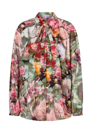 Langärmlige Bluse mit floralem Muster in Rosa-, Grün- und Orangetönen, mit Schleifenkragen und weichem, fließendem Stoff.
