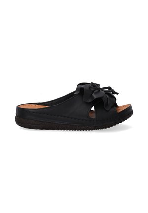Sort glidesandal lavet af glat læder med en bred rem, der har en stor dekorativ sløjfe. Tekstureret sål for godt greb.