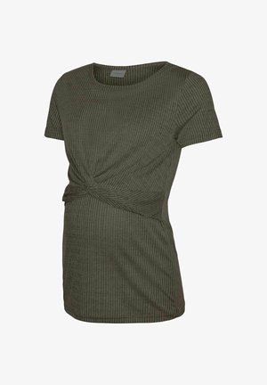 Lühikeste varrukatega soonikkoeline oliivroheline emaduse särk, millel on ümmargune kaelus ja vöökoha keerutusdetail.