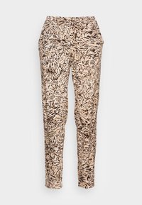 Pantalon léger beige avec un motif abstrait noir et marron. Il possède une ceinture nouée et des poches latérales. Coupe droite.