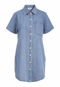 Šviesiai mėlynos džinsinės suknelės marškiniai su trumpomis rankovėmis, mygtukų uždarymu, smailiu apykakle, viena krūtinės kišene ir šoninėmis plyšimis prie hem.