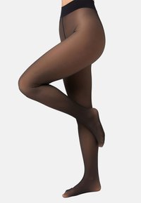 Przezroczyste czarne rajstopy z szerokim elastycznym paskiem w talii. Materiał jest gładki i przezroczysty, o matowym wykończeniu, bez widocznych szwów.