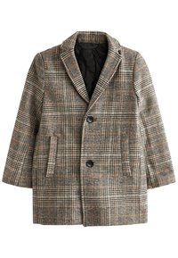 Grau karierten Mantel mit spitzem Kragen, zwei vorderen Taschen und schwarzer Fütterung. Mit braunen und weißen Akzenten in einem Hahnentrittmuster.