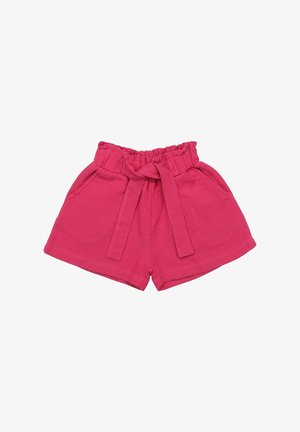 Pink cotton shorts with an elastic waistband, front tie detail, and two side pockets. Simple design, soft texture, and clean edges.