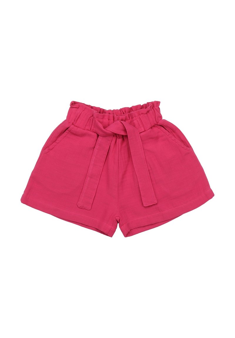 Pink cotton shorts with an elastic waistband, front tie detail, and two side pockets. Simple design, soft texture, and clean edges.