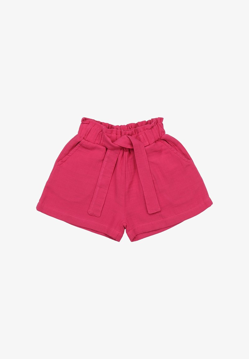Pink cotton shorts with an elastic waistband, front tie detail, and two side pockets. Simple design, soft texture, and clean edges.