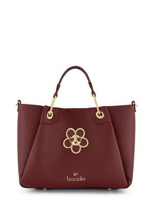 Borsa tote in pelle rosso scuro con emblema floreale dorato e doppi manici, con logo dorato "Tua braccialini" al centro in basso.