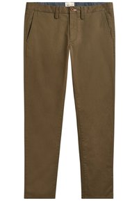 Chinos de algodón marrones con un diseño de pierna recta, que cuentan con bolsillos laterales, un cierre de botón y un detalle de cintura en contraste.