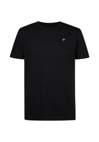 Tricou negru din bumbac, cu guler rotund, mâneci scurte și un mic logo alb pe piept. Textură fină și croială clasică.