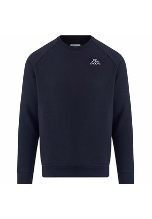 Sudadera azul marino hecha de una mezcla de algodón, con cuello redondo, mangas largas tipo raglán y un pequeño logo blanco en el pecho.