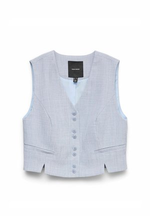 Veste bleu clair ajustée avec six boutons à l'avant, deux poches passepoilées, design sans manches et encolure en V.