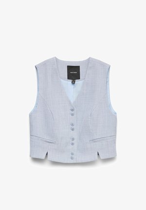 Veste bleu clair ajustée avec six boutons à l'avant, deux poches passepoilées, design sans manches et encolure en V.