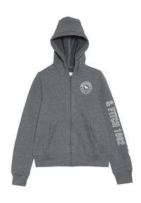 Felpa grigia con zip, realizzata in misto cotone, dotata di cappuccio, tasche a marsupio e logo bianco sul petto e sul maniche.