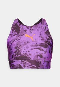 Violetti urheil bras, jossa on rakenteellinen kuvio eri sävyissä violettia ja mustaa. Keskellä on kontrastivärinen oranssi logo.