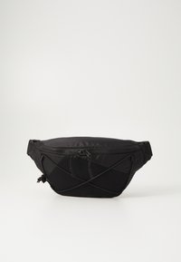 Black nylon fanny pack with a curved shape, features a zippered top, woven accents, and elastic bungee detail on the front.