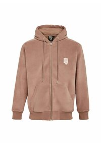 Hoodie zippé rose clair avec une capuche à cordon, des poches avant, des poignets côtelés et un petit logo blanc sur la poitrine. Tissu au toucher doux.