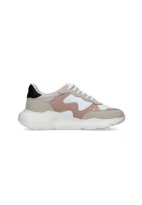 Sneaker con una suola bianca e voluminosa, caratterizzate da una parte superiore in rete e suede beige, rosa e nera con dettagli bianchi e chiusura con lacci.