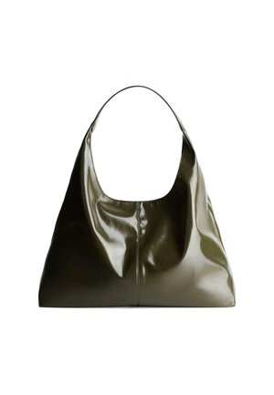 Olive green, leather shoulder bag with a smooth, glossy finish. Features a rounded top and soft, draped shape. Minimalist design.