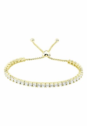 Bracelet réglable en or avec une rangée de pierres précieuses rondes claires et un fermoir coulissant en forme de cœur.