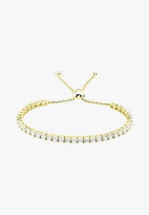 Goldenes verstellbares Armband mit einer Reihe klarer, runder Edelsteine und einem herzförmigen Schieberverschluss.