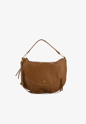 Sac à main en cuir marron avec un rabat supérieur incurvé, des ferrures dorées et des accents de pompons. Texture douce avec un design légèrement souple.