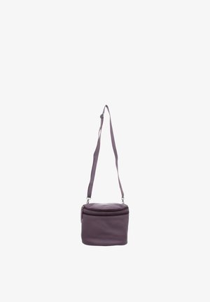 Small square purple leather crossbody bag with adjustable strap and top zipper closure, isolated on white background.