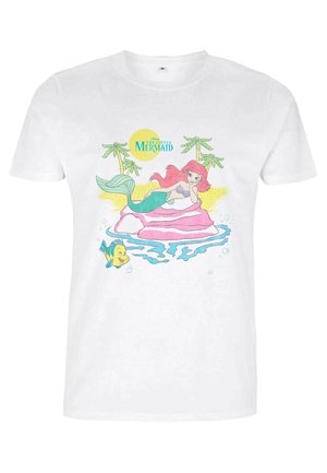 White cotton T-shirt featuring a colorful cartoon print of a mermaid on a rock, surrounded by water, with palm trees and a fish.