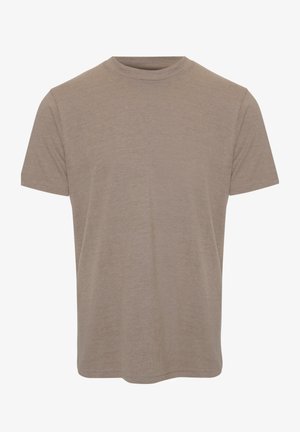 T-shirt simple à manches courtes et col rond en marron clair, présenté de face sans motifs ni logos.