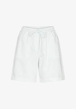 Pantaloni corti bianchi in cotone con vita elastica e coulisse, dotati di due tasche anteriori e una vestibilità comoda. Tessuto liscio e lunghezza fino al ginocchio.