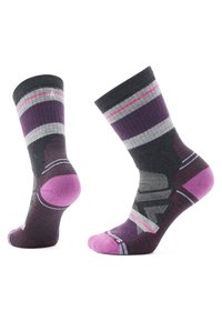 Gray and purple striped socks with pink accents, featuring a reinforced heel and toe design, made of a soft, stretchy knit material.