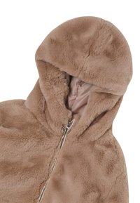 Felpa con cappuccio in pelliccia sintetica marrone, con interno liscio e foderato. Presenta un cappuccio arrotondato e una zip con un tirante circolare. Texture morbida in tutto il capo.