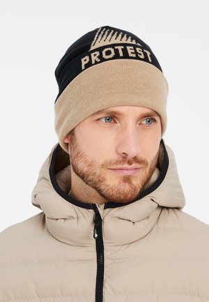 Knit beanie in black and beige with "PROTEST" logo; soft texture, multi-color design. Puffed hooded jacket in neutral beige.