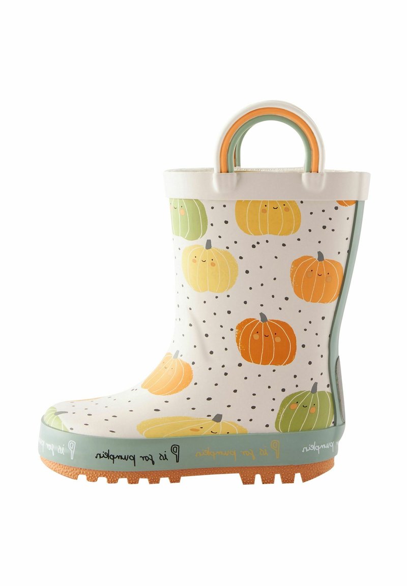 Botte de pluie taille enfant avec une base blanche ornée de motifs de citrouilles colorés en orange et vert, accentuée par une semelle et une poignée vert menthe.