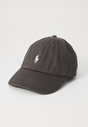 Black cotton baseball cap with a curved brim, featuring white embroidered logo on the front, finished with ventilation eyelets and adjustable strap.