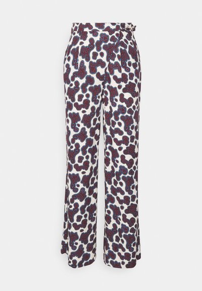 White, wide-leg trousers featuring a bold abstract pattern in burgundy and blue. Made from soft fabric with a smooth texture and a button closure.