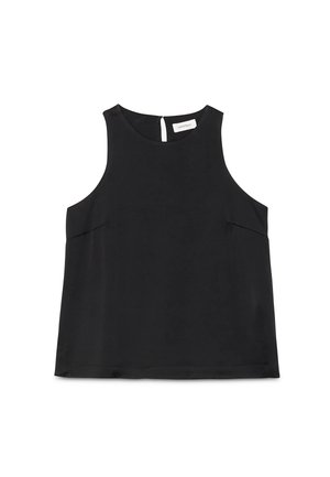 Blouse noire sans manches avec encolure ronde et fermeture à bouton en forme de clé à l'arrière, en tissu lisse.