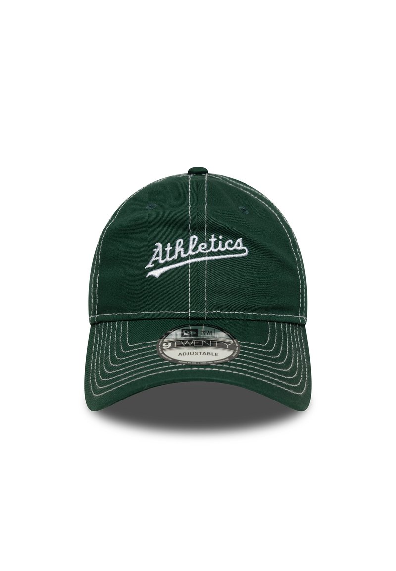 Green baseball cap with white "Athletics" embroidery, adjustable strap, structured crown, and contrasting stitching details.