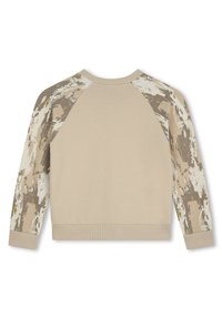 Sweatshirt beige avec des manches longues à motifs dans des tons de marron et de crème. Poignets et ourlet côtelés, avec un col rond.