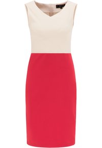Robe sans manches avec un décolleté en V, présentant un haut crème et une jupe rouge unie. Tissu lisse avec une silhouette ajustée et fermeture éclair au dos.