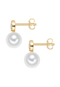 Orecchini a bottone in oro con una grande perla bianca liscia. La parte superiore presenta un filo di piccole pietre trasparenti e scintillanti. Design semplice ed elegante.