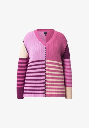 Maglione lavorato a maglia con scollatura a V e un design a blocchi di colore con diverse tonalità di rosa, viola e beige, accentuato da righe orizzontali.