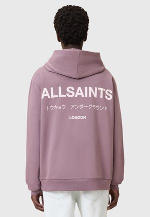 Felpa rosa polveroso con un grande logo bianco "ALLSAINTS" e testo giapponese sul retro. Presenta una vestibilità comoda e cappuccio con coulisse.