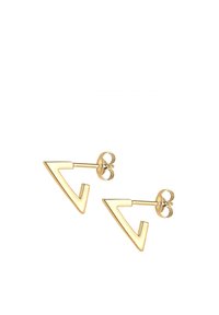 Guldfarvede geometriske studs øreringe med vinklede former, glatte overflader og et minimalistisk design. Klassisk sommerfugle-lukning.